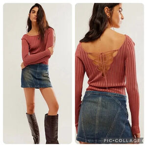 NWT new Free People XS hits different lace up ribbed top rusted coral